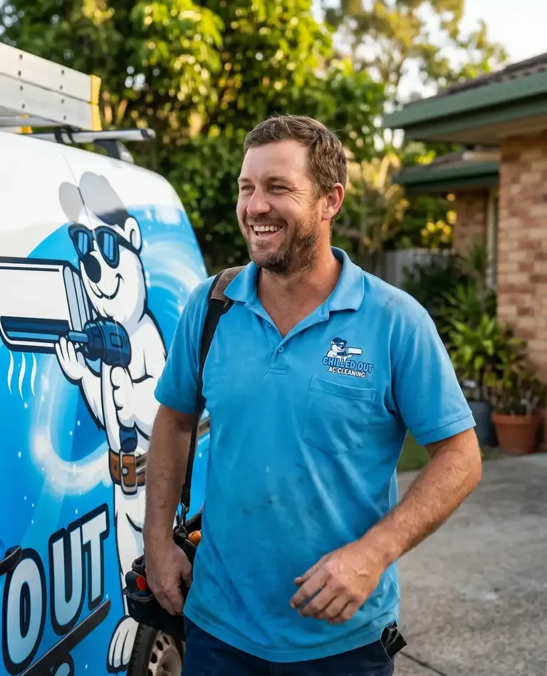 Chilled Out technician sharing a laugh with a customer in a Townsville front yard