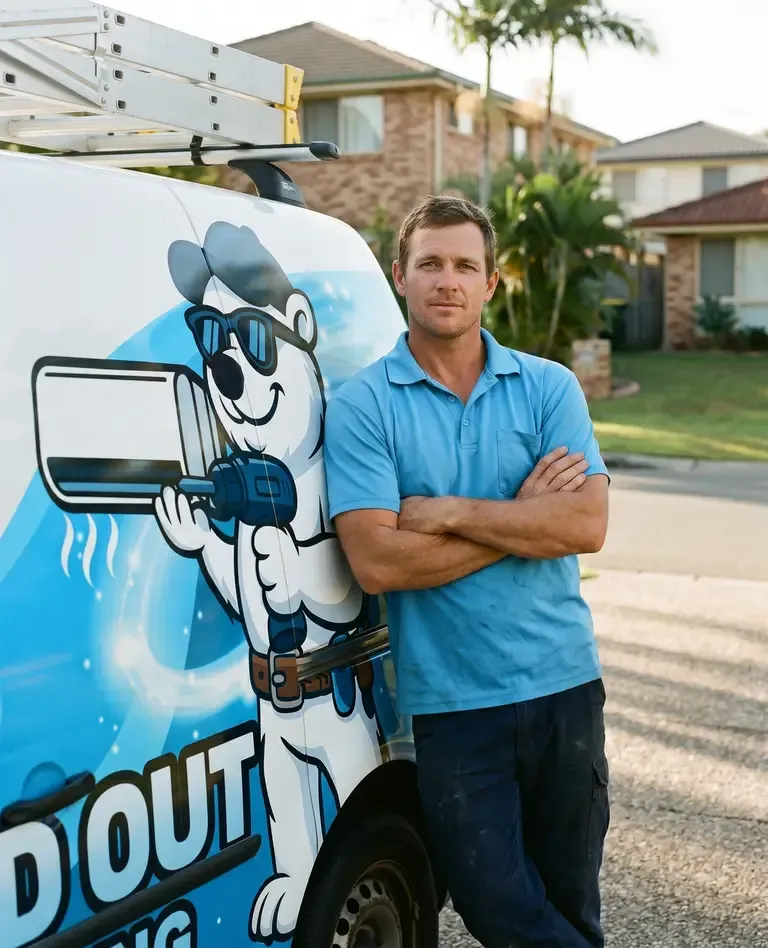 Chilled Out AC Cleaning technician beside the wrapped van in Townsville
